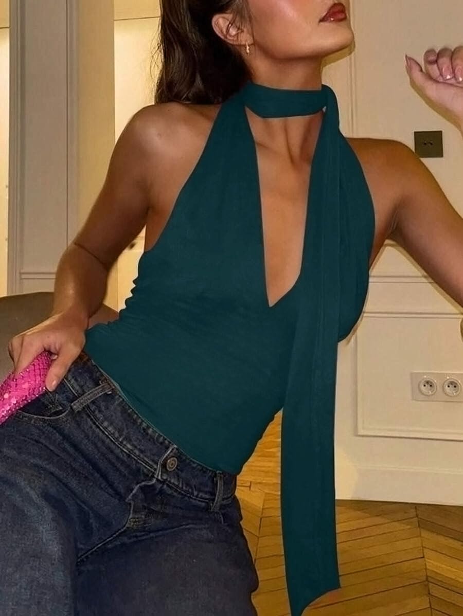 Solid Halter Neck Sleeveless Crop Top with Scarf for Women (in, Alpha, M, Dark Blue) - Image 3 thumbnail