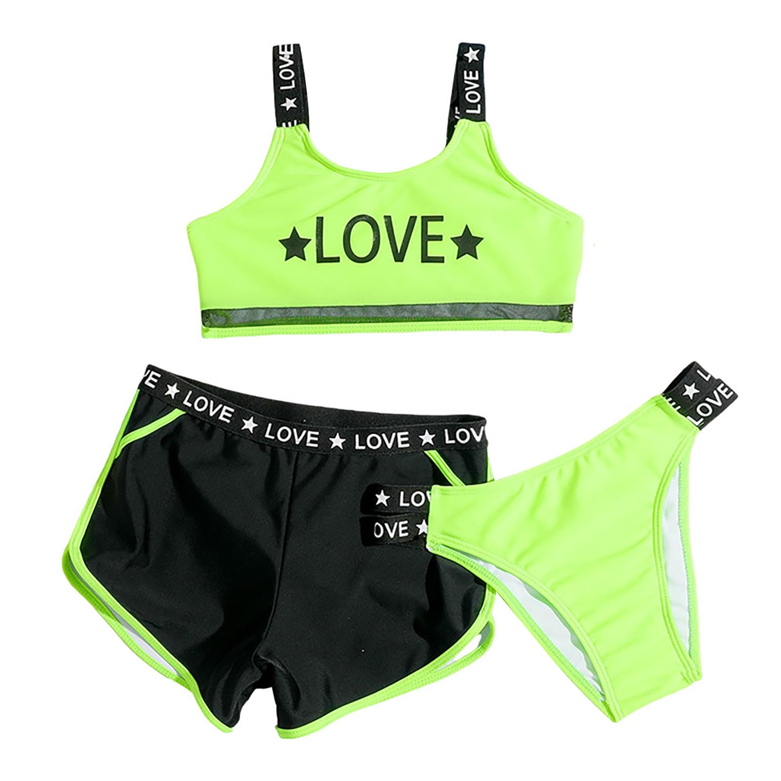 Costume da Bagno per Bambine in 3 Pezzi con Reggiseno Sportivo e Stampa Lettere, Bikini Due Pezzi alla Moda per Spiaggia e Piscina, Tessuto Morbido e Asciugatura Rapida, Taglie 5-10 Anni