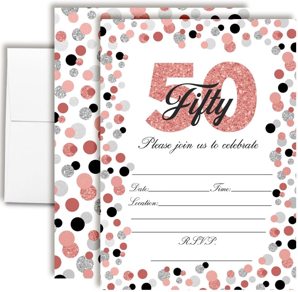 Custom Birthday Invitations 50th Birthday Invitation 50 5x7 Custom 50th Party Invitation Cards With Envelopes - Unique Party Invitations Rose Gold Polka Dot Theme