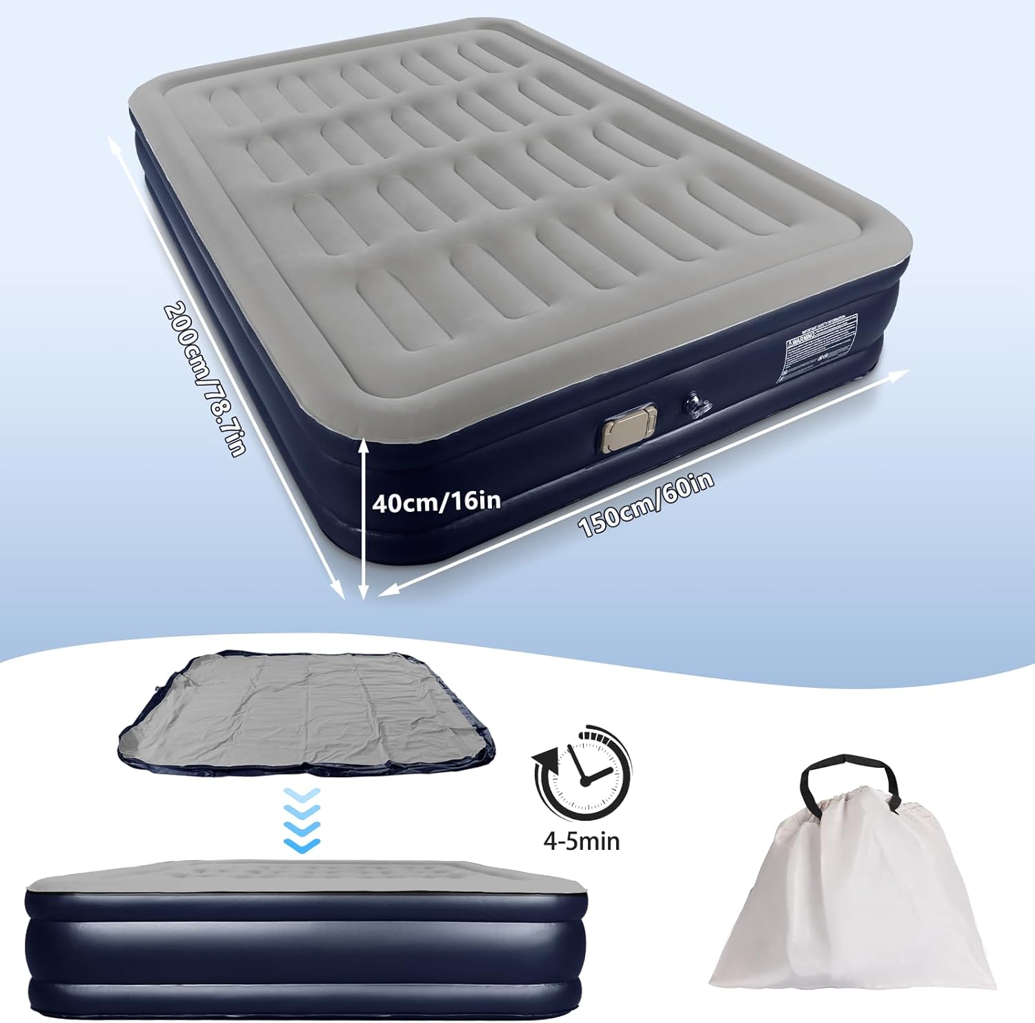 BEBAS Queen Size Air Mattress with Built in Pump Fast Electric Inflation/Deflation Mattress Blow up Bed Inflatable for Home,Guests,Office,Camping Airbed 16 Inch Tall,600lbs Max,Gary