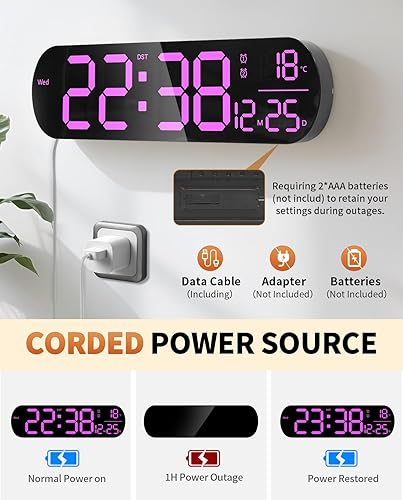 Vista 9 de Reloj de pared digital grande de 14", cuenta regresiva, alarma, LED grande, 11 colores RGB, temperatura para sala de estar, aula, escritorio, regalo