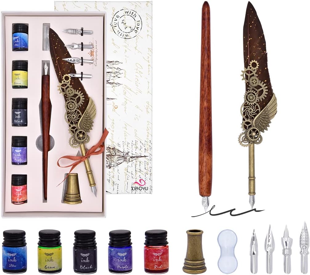 XIAOYU Antique Quill Pen Ink Set, Dip Pen Calligraphy Pen Set, Including Mechanical Quill Pen and Wooden Dip Pen
