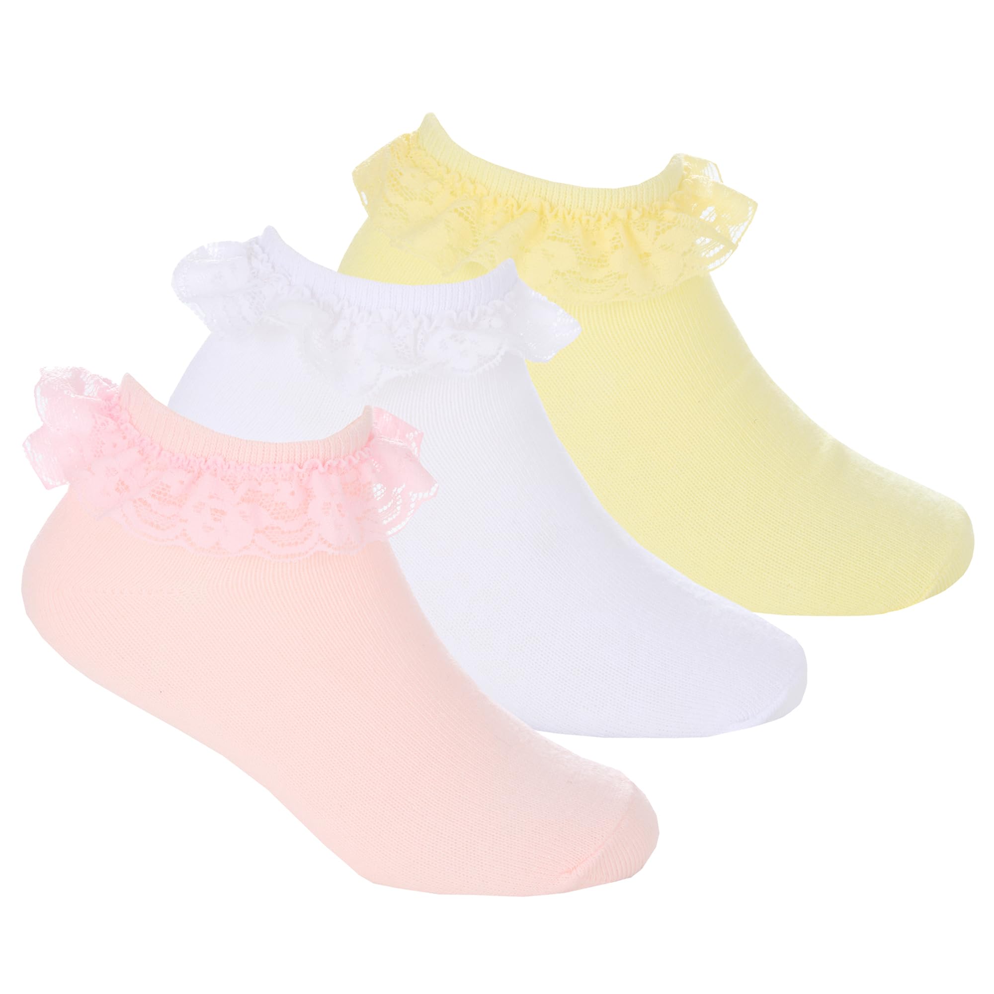 Metzuyan WS-SS25 Kids Girls 3 Pairs Pastel Lace Trainer Liner Socks Cotton Rich Ruffle Frill Trim Low Cut School Socks Pink 12.5-3.5