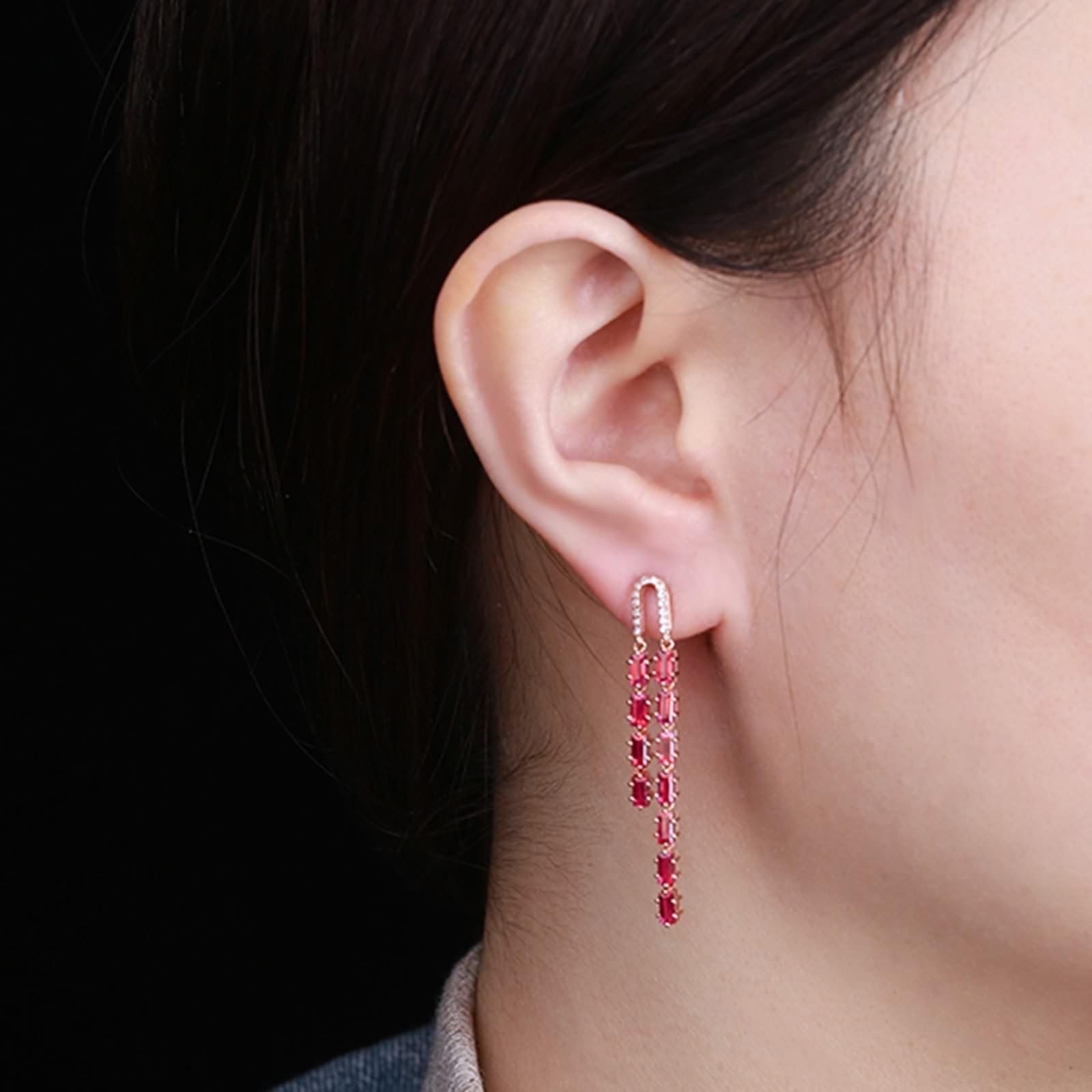 Ohrringe Echt Gold Damen Hängend, Ohrringe Anhänger mit Erstellter Rubin und Moissanite, Echtschmuck für Hochzeit Braut