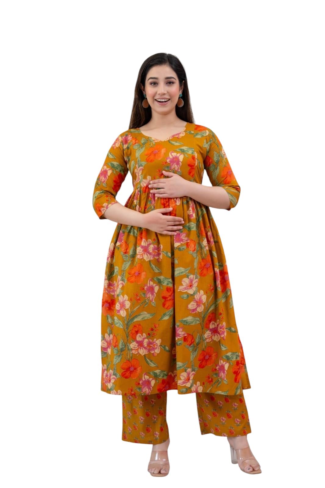 henal INC Plus Size Maternity Kurta Palazzo Set | Feeding Zip | Comfortable Cotton Floral Pregnancy & Nursing Wear for Women (Mustard, Size-m)-picture-9