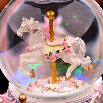 Carousel Horse Music Box Snow Globe Color Changing LED Light Luminous Rotating Music Box Birthday Gift for Friends Children