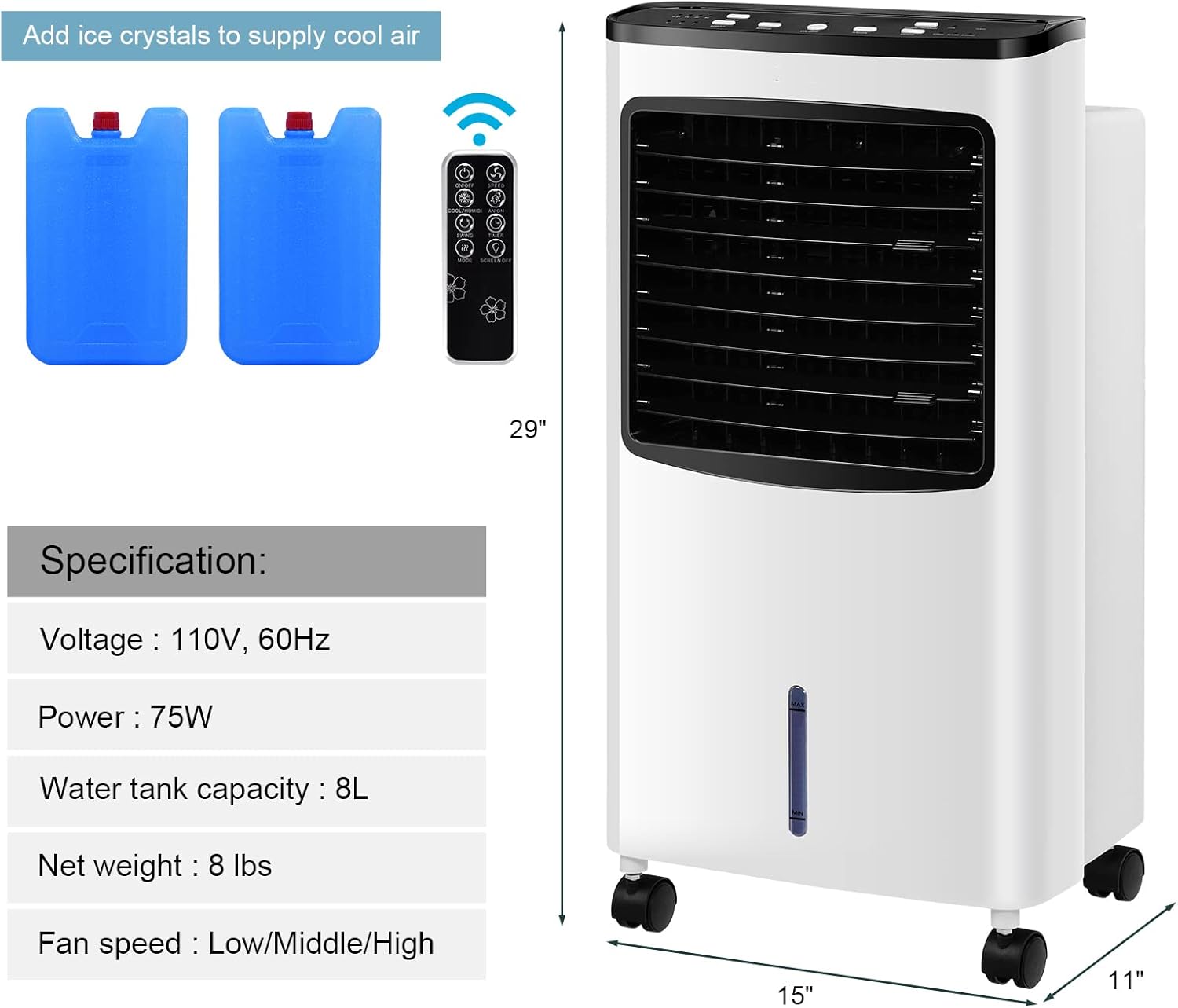 SIMOE Evaporative Air Cooler for Room, 4 IN 1 Portable Air Conditioner Cooling Fan, Humidifier w/Remote Control, 3 Modes, 3 Speeds, 2.1Gal Large Tank, 7.5H Timer, Swamp Cooler w/2 Ice Packs