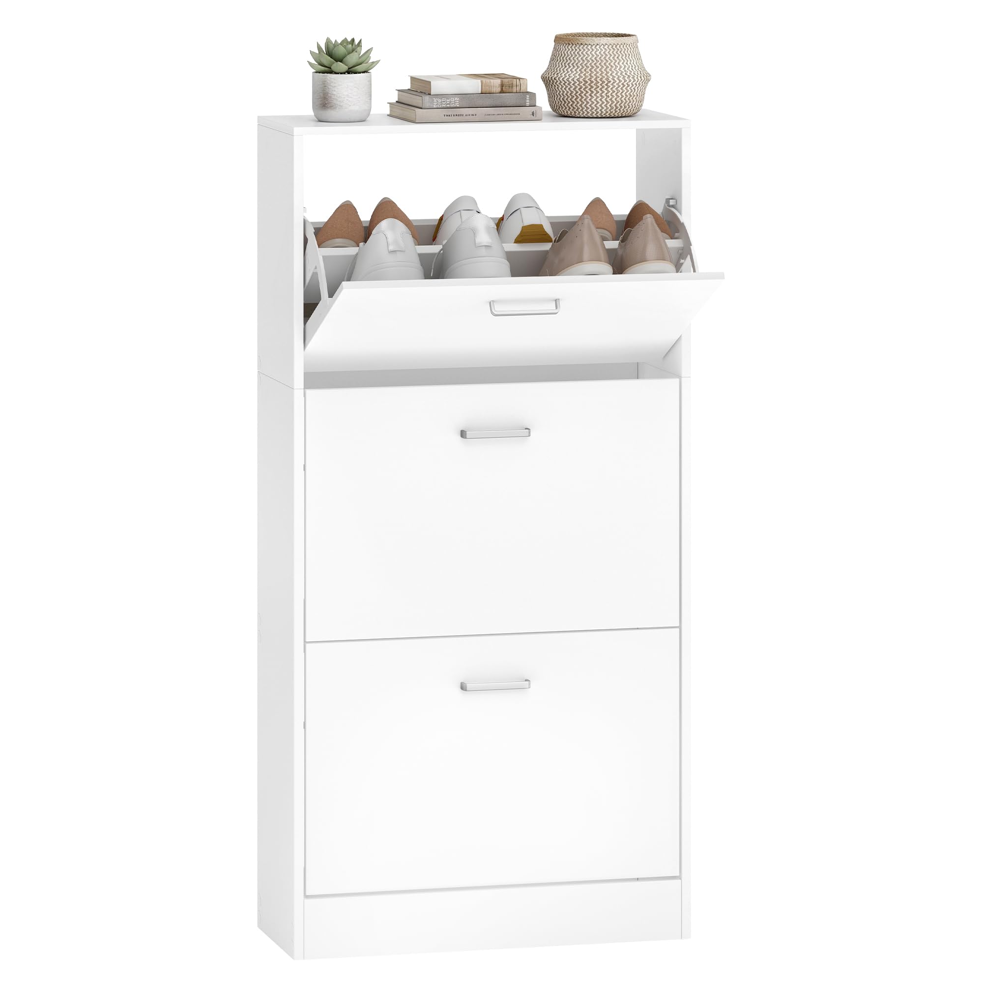 VASAGLE Shoe Storage Cabinet With 3 Flip Drawers, Slim Shoe Cupboard with Doors, 3-Tier Shoe Cabinet 60 x 24 x 120 cm, Space Saving Narrow Hallway Storage, Cloud White, Custos Collection LBC03WT