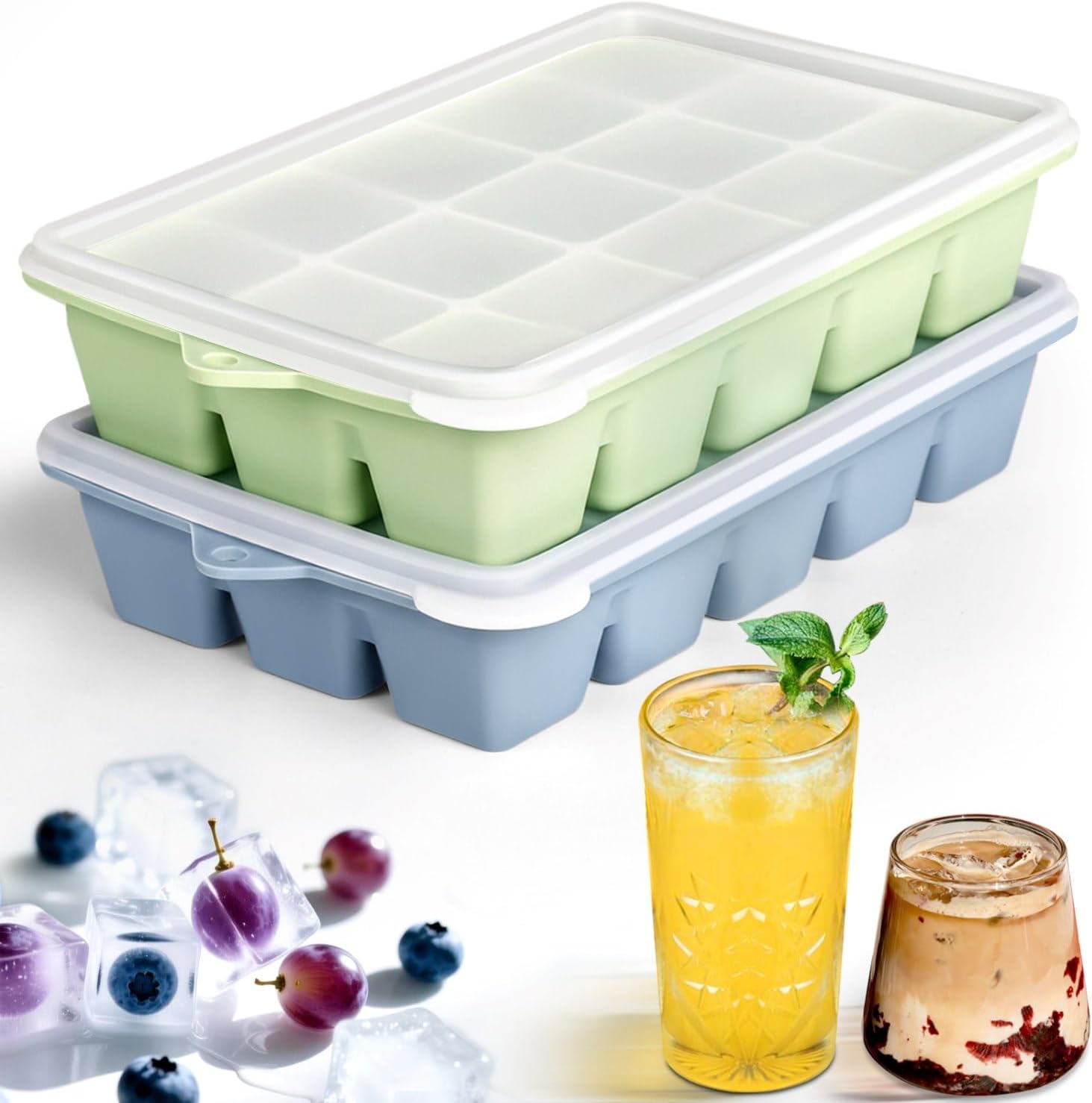 Ice Cube Tray with Spill Resistant Lid, Silicone Easy Release Ice Maker Molds for Freezer Stackable, for Cocktail Coffee Whiskey, Durable & BPA Free