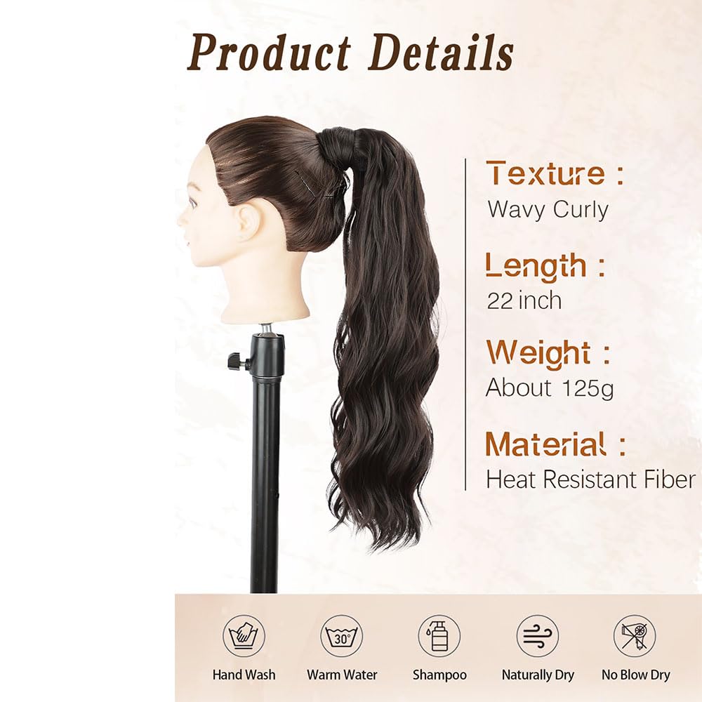 Wavy Ponytail Extension, Wrap Around Ponytail Hair Extensions, Long Pony Tail Hair Extension (6A# Dark brown, 22inch wavy) - Image 3