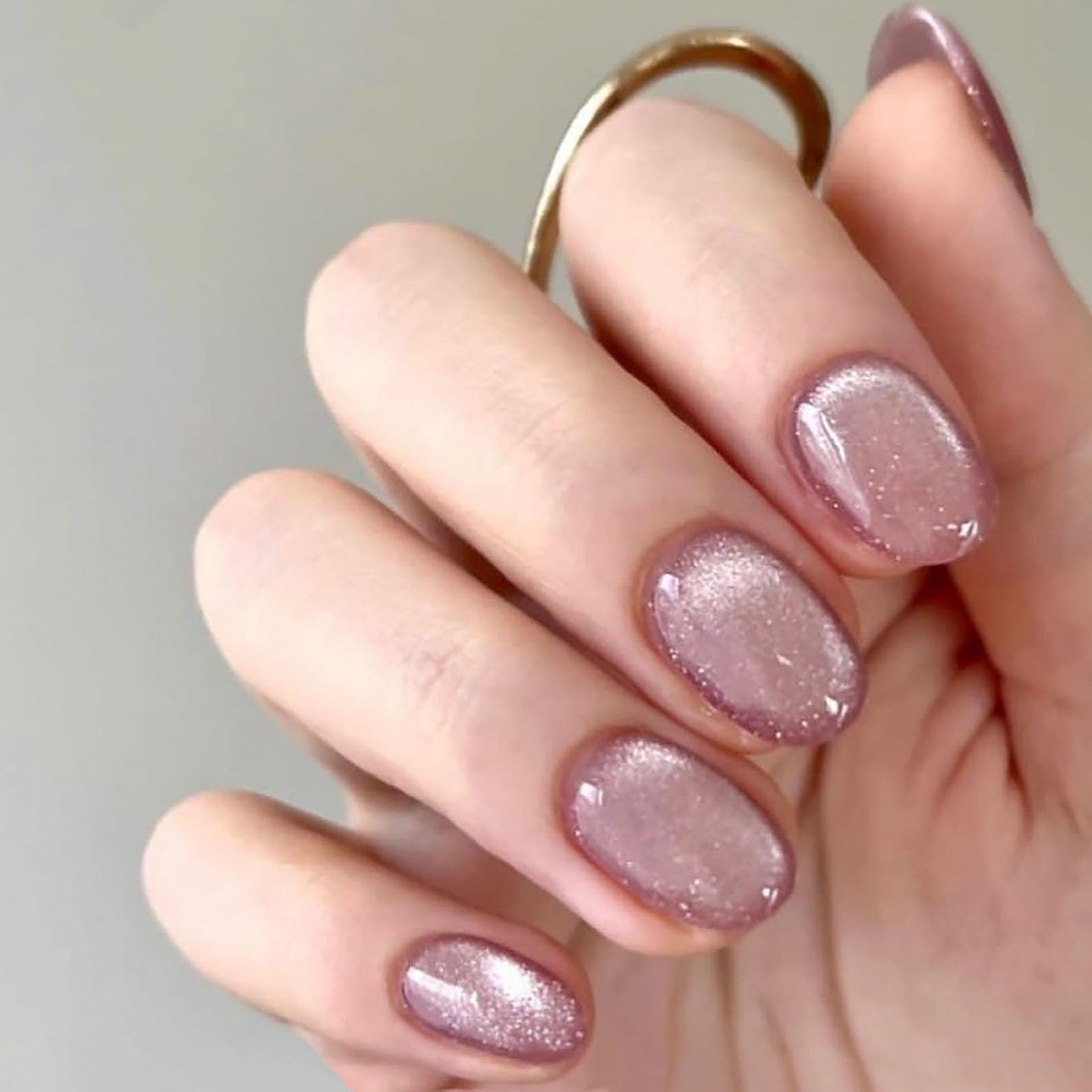 Cat Eye Press on Nails Short Oval Lilac Fake Nails with Solid Color Acrylic Nails Press ons Glossy Artificial Nails Glitter Stick on Nails Glue on