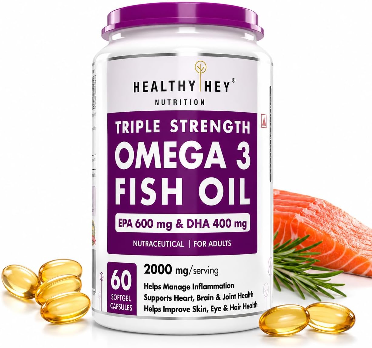 HealthyHey Nutrition Fish Oil Capsules Omega 3 60 Softgel For Women and Men | Triple Strength Fish Oil | Burpless, EPA 600 - DHA 400 Supplement