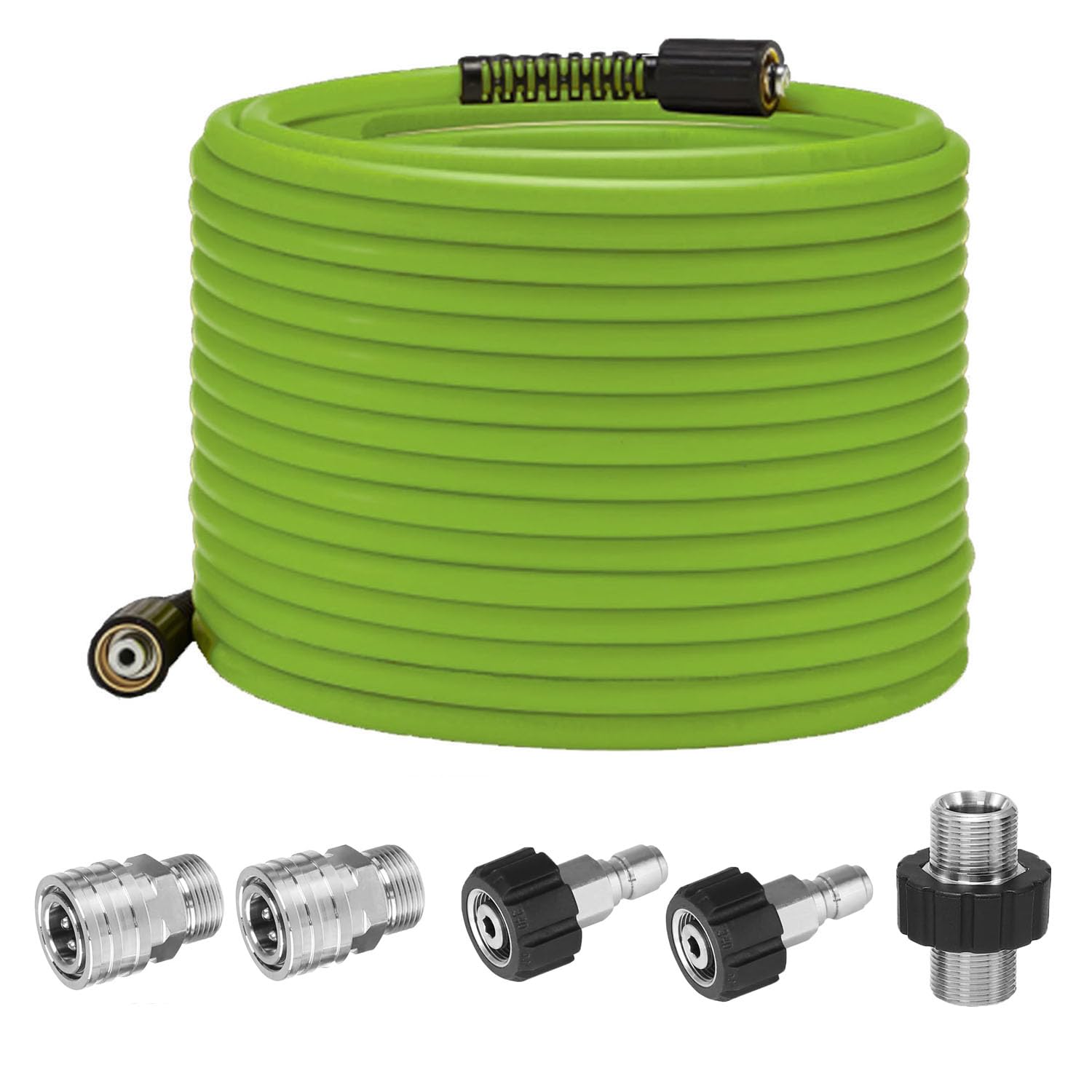 Tubo per Idropulitrice,15 m x 0.6 cm,con 5 pezzi Connettore Rapido in Acciaio Inox,con Raccordi M22 da 14 mm - 3600 psi