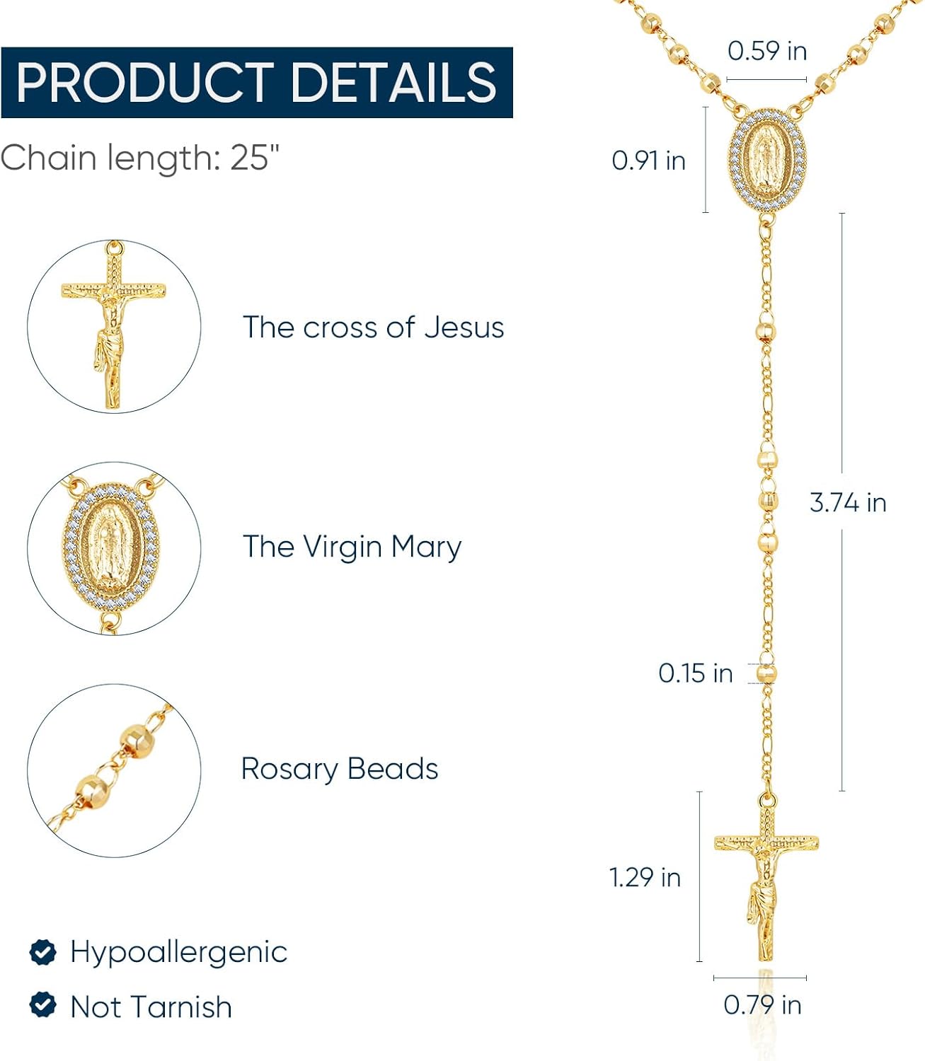 Virgin Mary Cross Rosary Necklace for Women,Virgen de Guadalupe Long gold plated Silver Rosary Catholic Cross Beads Crucifix Necklace Women jewelry Religious Gift for Confirmation Baptism First Communion Godmother - Image 4
