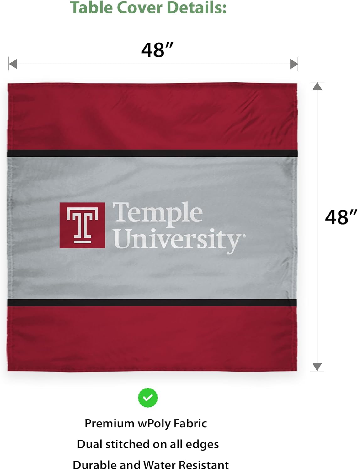 AGAS Temple University Table Cover 48 x 48 inch – Single Sided Printed Wrap Knitted Polyester – Officially Licensed NCAA Product – Temple Owls Square Tablecloth with Double Stitched Edges