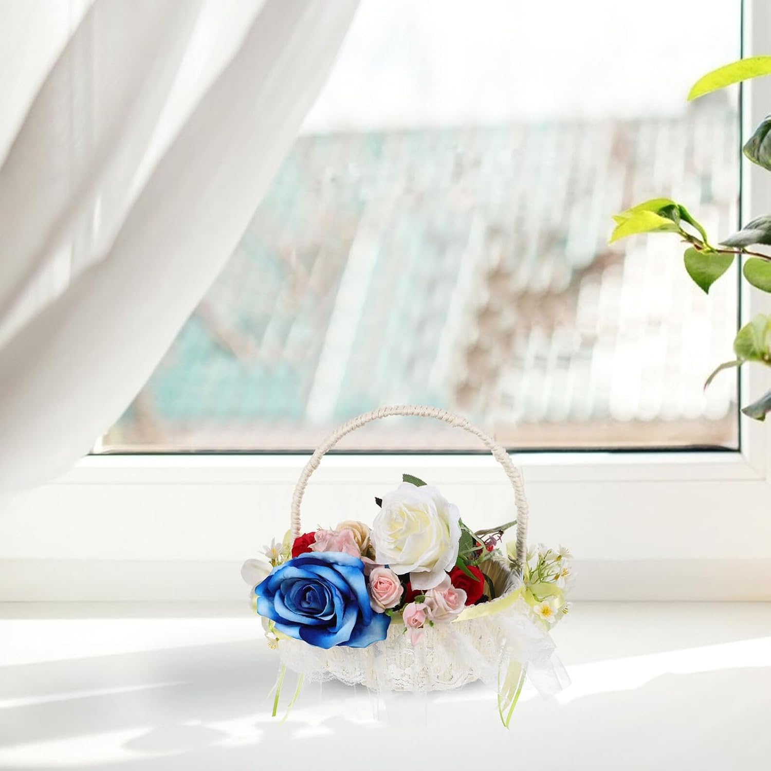 Flower Girl Basket with Handle Small Lace Satin Bowknot Wedding Flower Petal Basket for Wedding Ceremony and Party Supplies