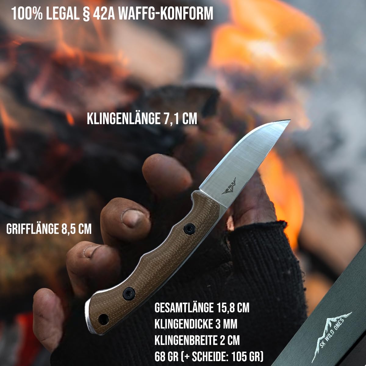 SK Wild Ones® Neck Knife Messer - Outdoor Neckknife Survival - Jagdmesser feststehende Klinge - Echtleder Holster Gürtelmesser & Micarta Griff - EDC Outdoor Messer - 440 C Edelstahl Borni