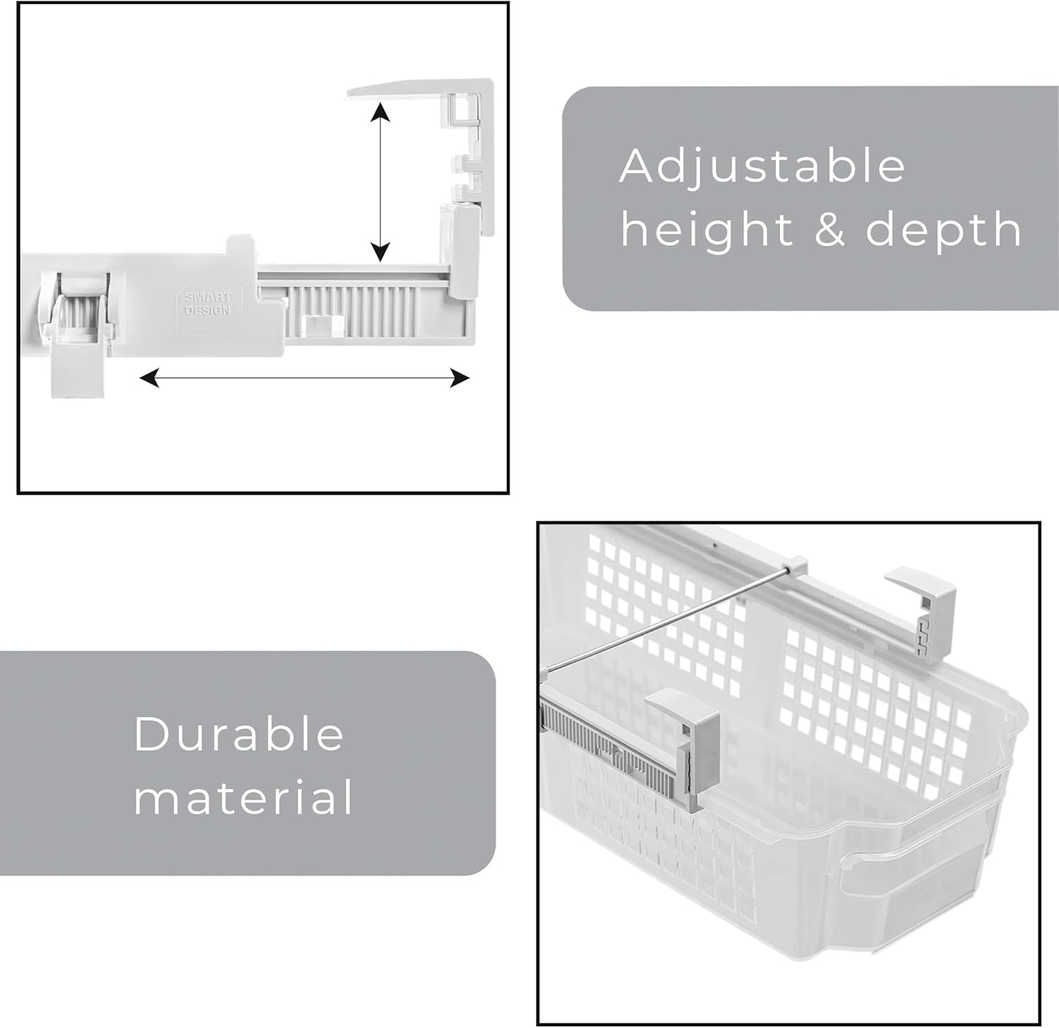 Smart Design Adjustable Pull Out Refrigerator Drawer - Medium, Set of 3 - Extendable Rails and Handle - BPA Free - Holds 15 lbs - Fridge Bin, Freezer, Pantry Food Storage Organizer - Kitchen - Clear