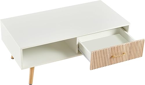 Miniatura 43 de IANIYA Mesa de centro bohemia con almacenamiento, mesa de comedor con cajón de ratán y patas de madera maciza, mesas centrales pequeñas para sala de