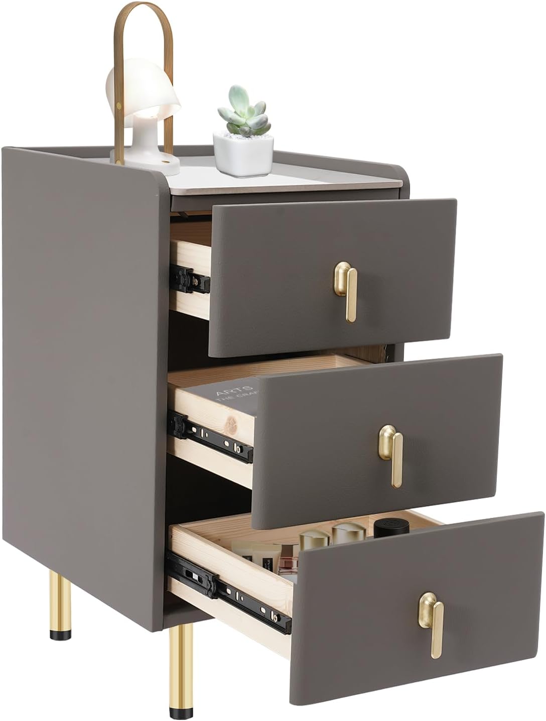 Narrow Nightstand with 3 Drawers, Solid Bedside Cabinet Modern Wood Night Stand with Leather Surface, Slim Storage Bedside Table for Bedrooms, Dormitories, Living Rooms, Dark Grey