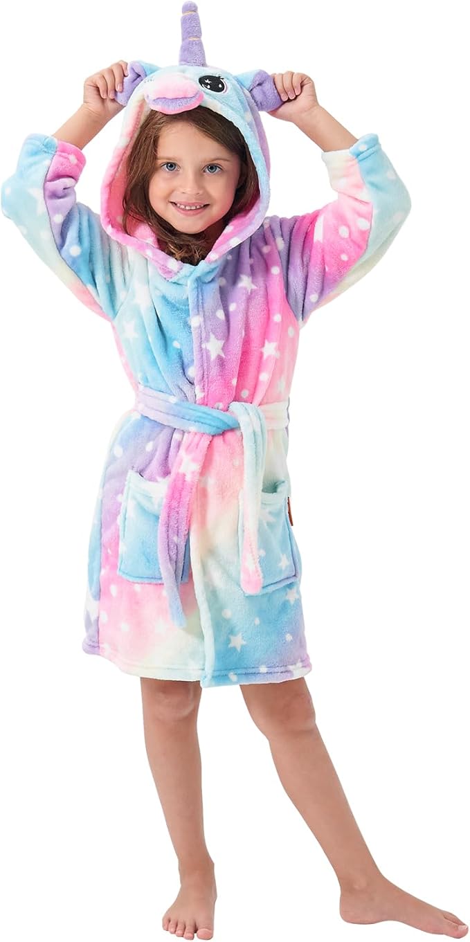 Einhorn-Bademantel mit Kapuze für Mädchen, Nachtwäsche, Fleece-Gürtel, kniehoch