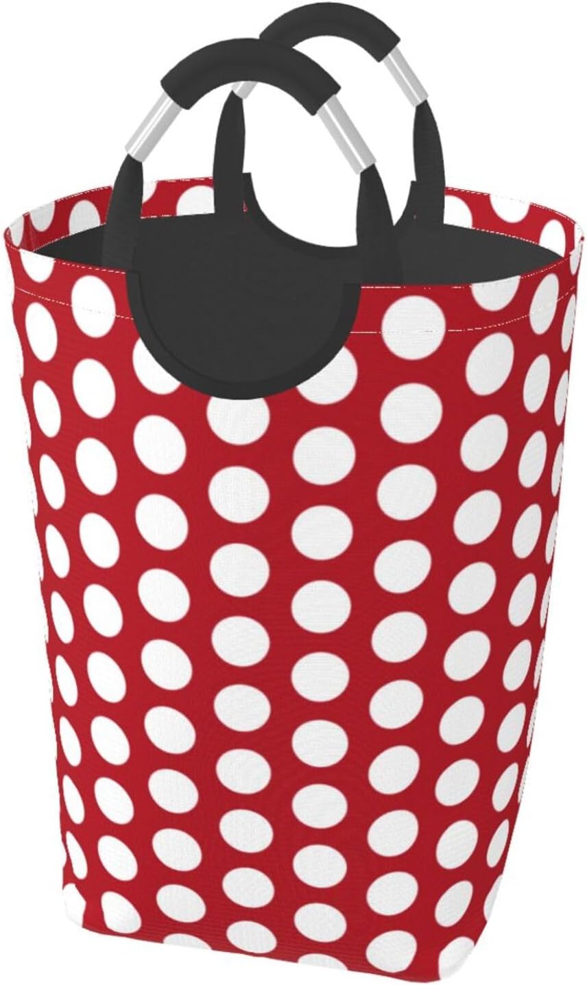 Large Laundry Hamper Bag, Collapsible Laundry Basket Wine White Polka Dot Dirty Clothes Storage Washing Bin for Bathroom, Dorm Essentials