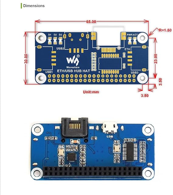 Ethernet/USB HUB HAT Expansion Board for Raspberry Pi 4 B/3 B+/3 B/2 B/Zero/Zero W /2 W/Zero WH/2WH, with 1 RJ45 10/100M Ethernet Port, 3 USB Ports Compatible with USB2.0/1.1