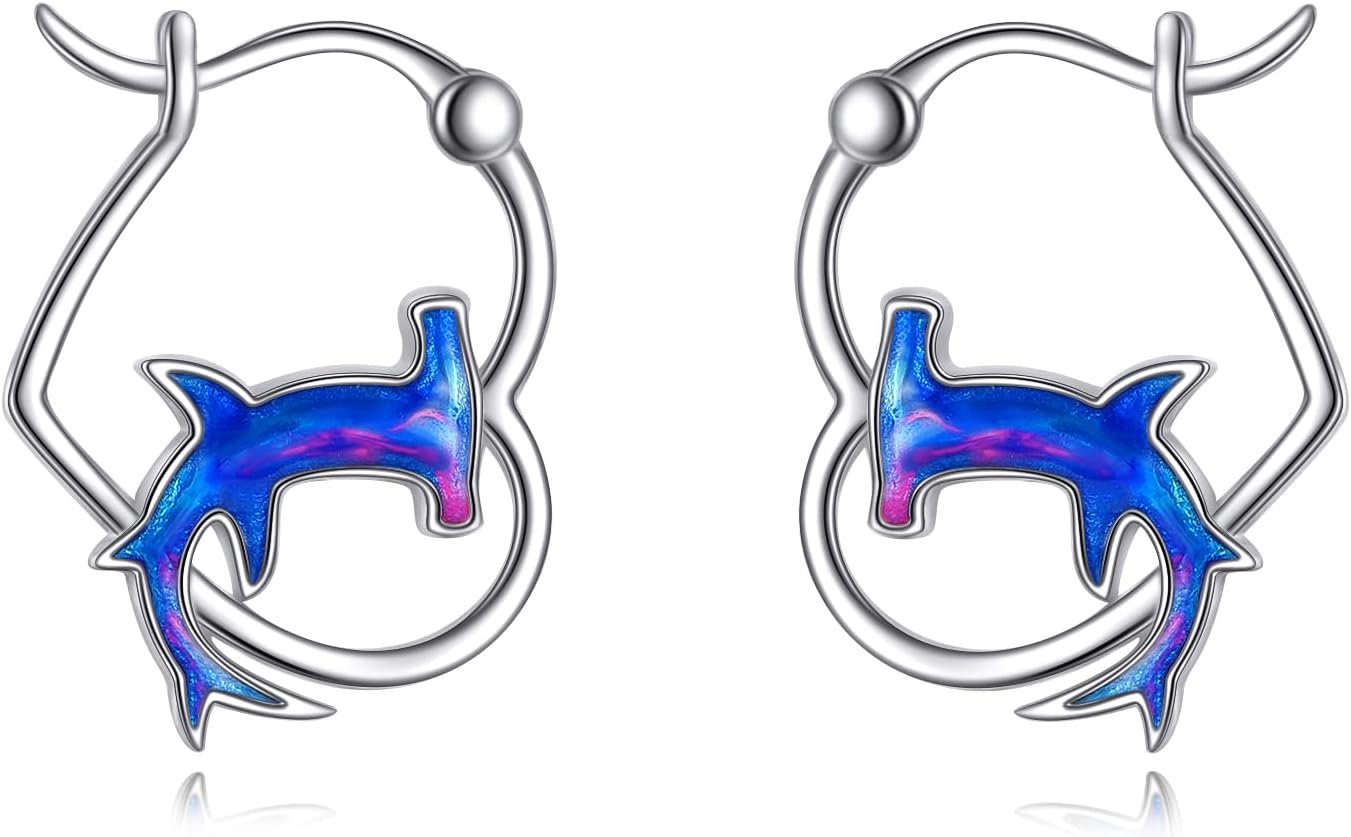 YAFEINI Animal Hoop Earrings 925 Sterling Silver Shark/Otter Blue Opal Ocean Earrings Cute Shark Jewelry for Women Birthday Gifts