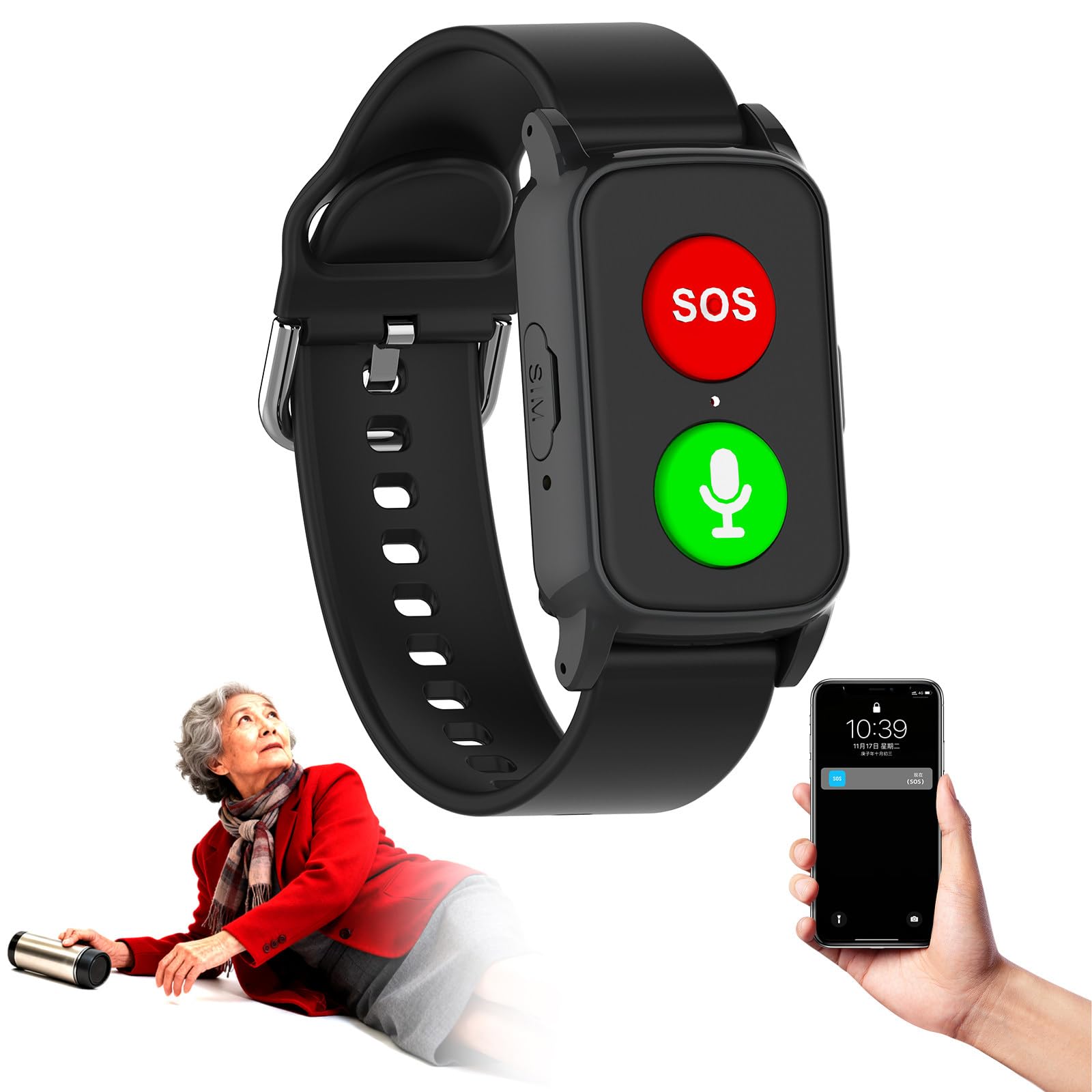 Detector De Caídas para Mayores con Detección De Caídascon Botón De Llamada De Emergencia Monitoreo De La Salud para Mayores S3-Black