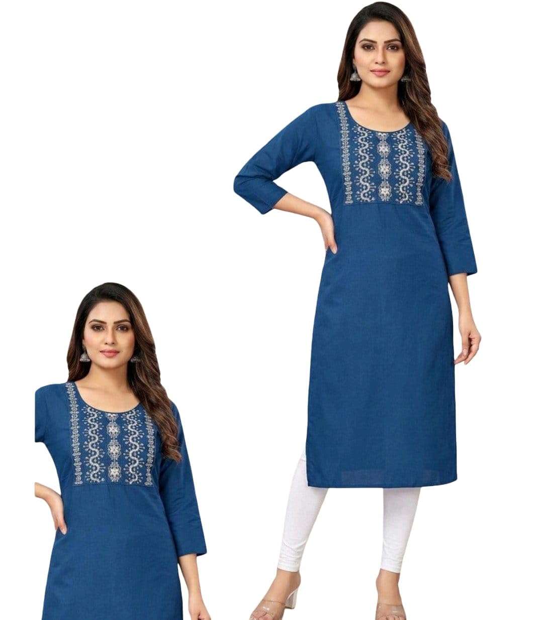 Women's Blue Embroidered Straight Kurti, Round Neck, 3/4 Sleeves, Casual Wear