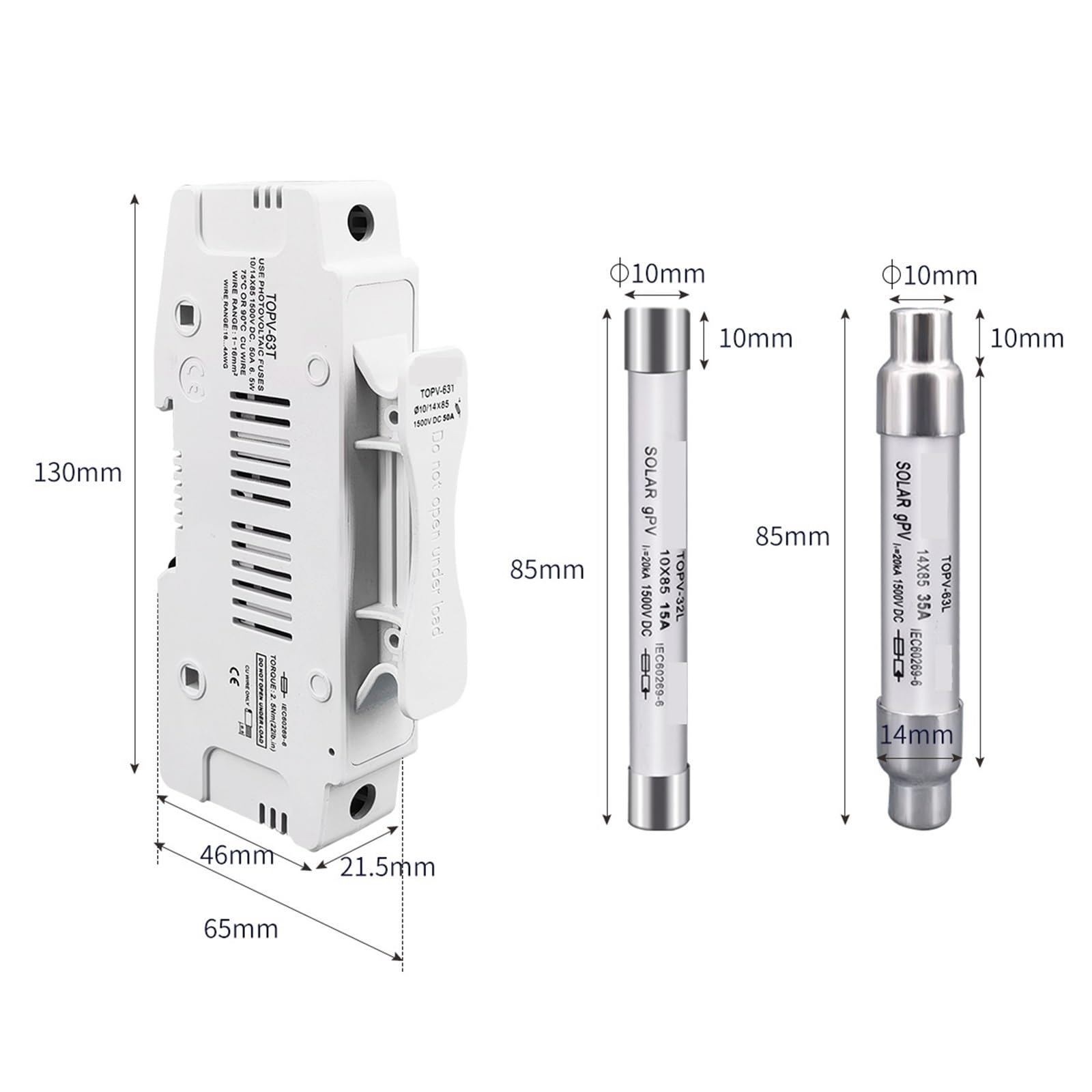 1P Solar PV 1500V Sicherung 1PCS 10 * 85 Oder 14 * 85 PV Sicherung Solar Schutz Protector 1Pcs(20A,WITH FUSE 10X85MM)