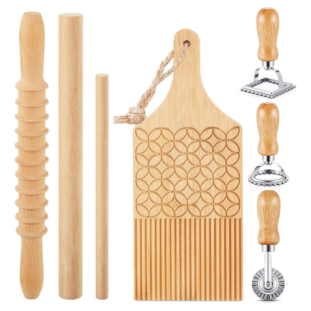 CTRLZS 7-Piece Gnocchi Pasta Making Tools, Wooden Pasta Board with Ravioli Stamp and Rolling Pin Set, for Homemade Pasta