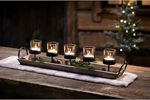 Miniatura 1 de Westcharm Candelabro rústico de madera con 5 candeleros de metal para centro de mesa