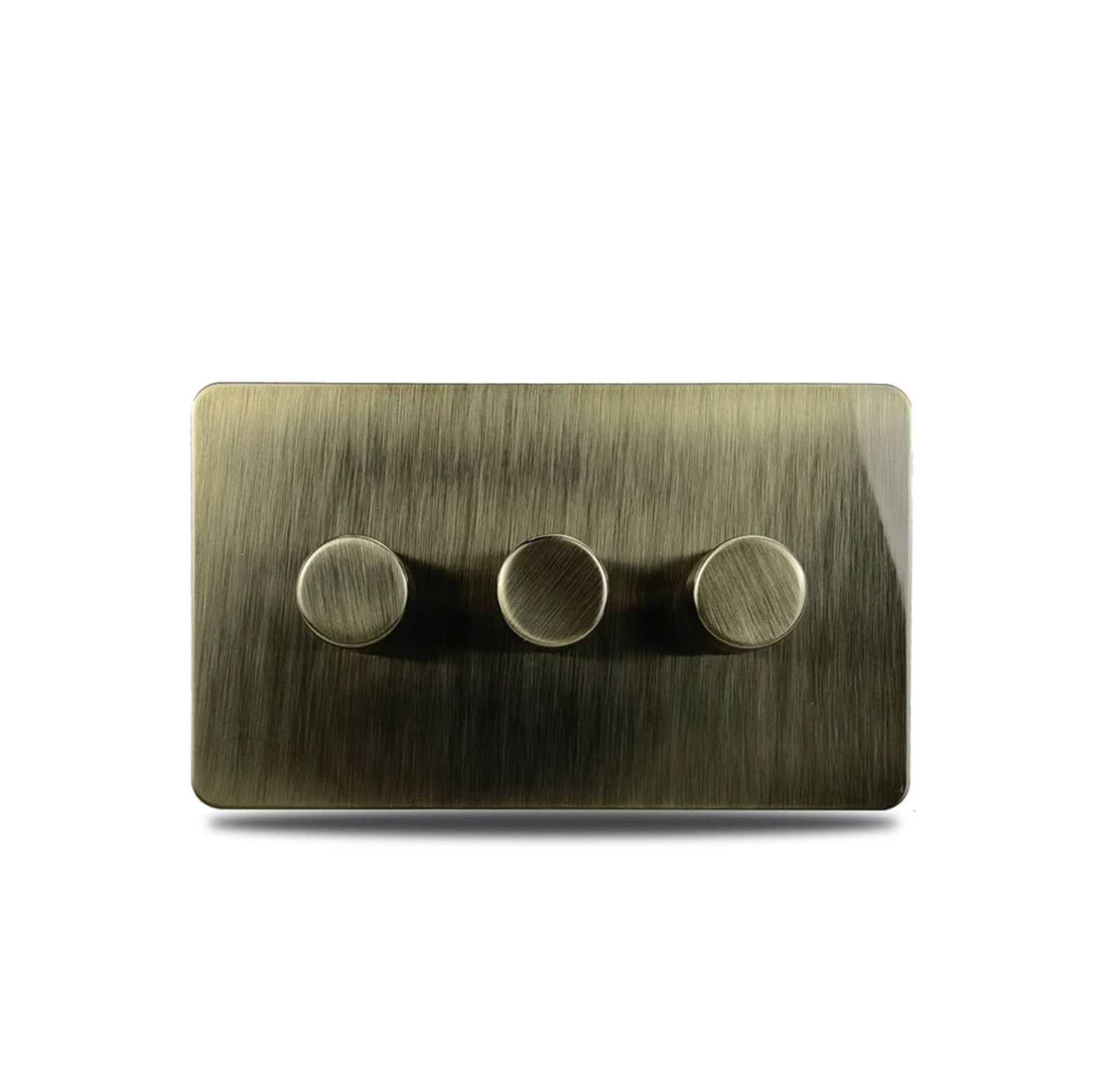 Interruptor de pared WALLPAD con regulador de intensidad, disponible en 1, 2, 3 o 4 posiciones. Perilla moleteada. Panel de acero inoxidable de 2 vías. Placa retro en bronce antiguo.
