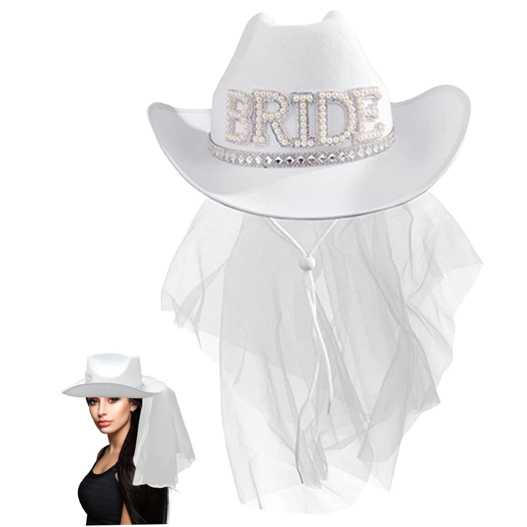 Comebachome Gombado de la novia, sombrero de vaquera blanca con sombrero de novia de la novia.