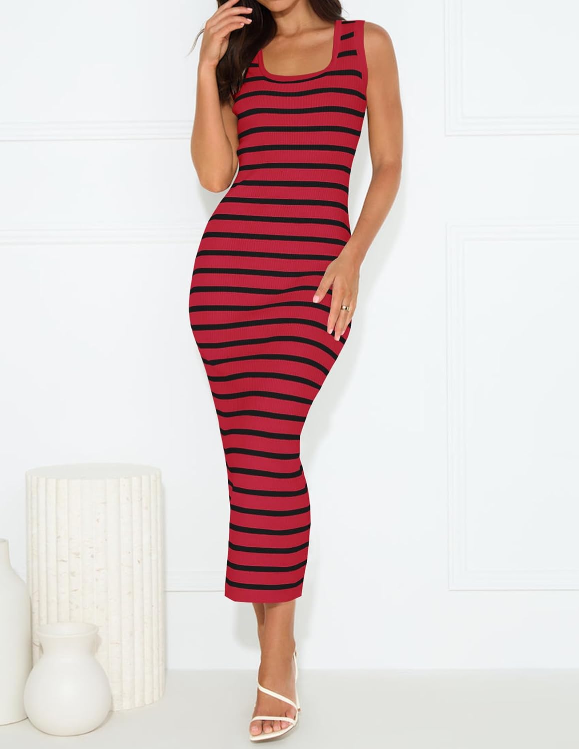 ZESICA Women's Summer Square Neck Bodycon Midi Dresses 2026 Casual Sleeveless Ribbed Knit Striped Beach Vacation Long Dress - Image 7