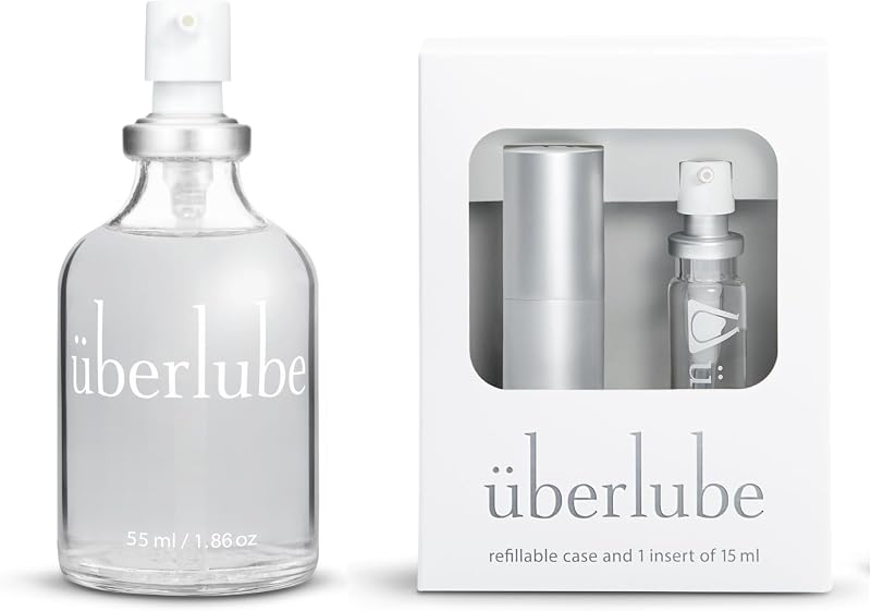 Uberlube Paquete para el hogar y los viajes - Kit de lubricante de viaje plateado + botella de 55 ml de lubricante de silicona, sin perfume, sin sabor, funciona bajo el agua - 55 ml + kit plateado
