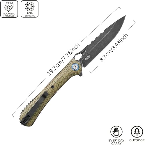 Miniatura 2 de Sitivien ST145 - Cuchillo de bolsillo plegable, hoja de acero 14C28N lavada a la piedra negra, cuchillo de herramienta EDC con mango de micarta para