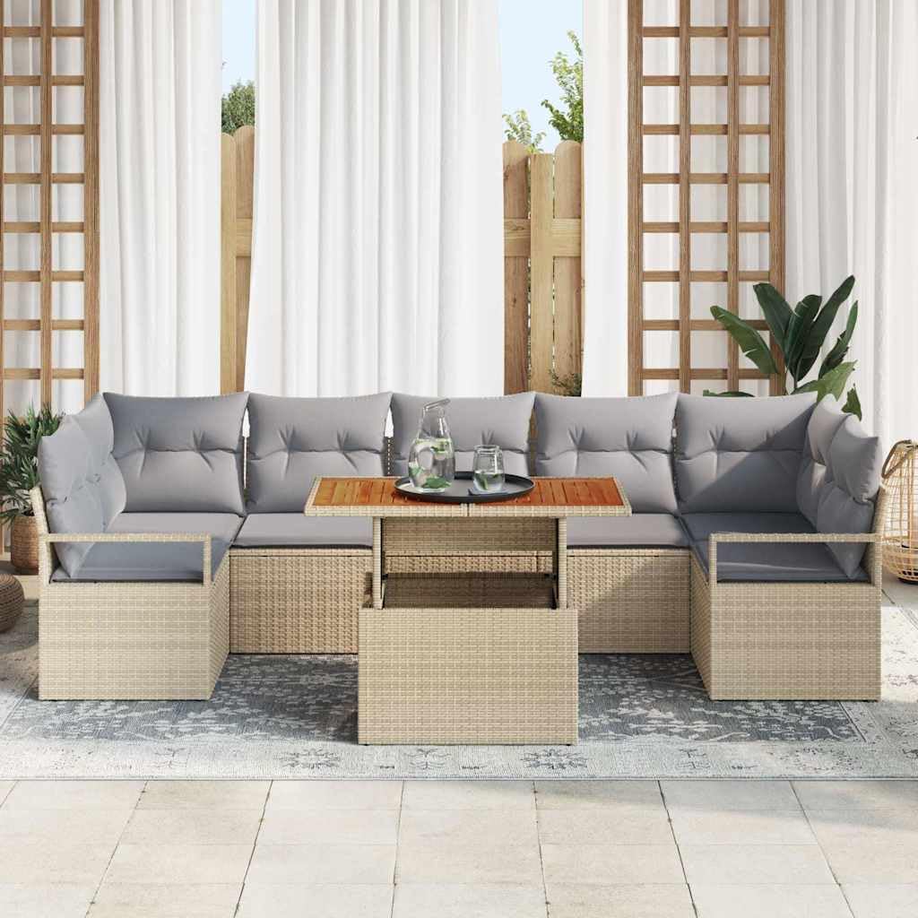 Set di divani da giardino in polyrattan, 8 pezzi, 7 posti, beige e