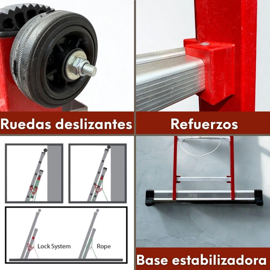 BTF | Escalera de Fibra de Vidrio 2 tramos 3,5 MTS, de 12 peldaños x Tramo | Escalera Extensible por Cuerda | Altura alcanzable Aprox. 7,0 Metros | Certificada EN131 - Carga 150 kg. BTF-EDFEC6635