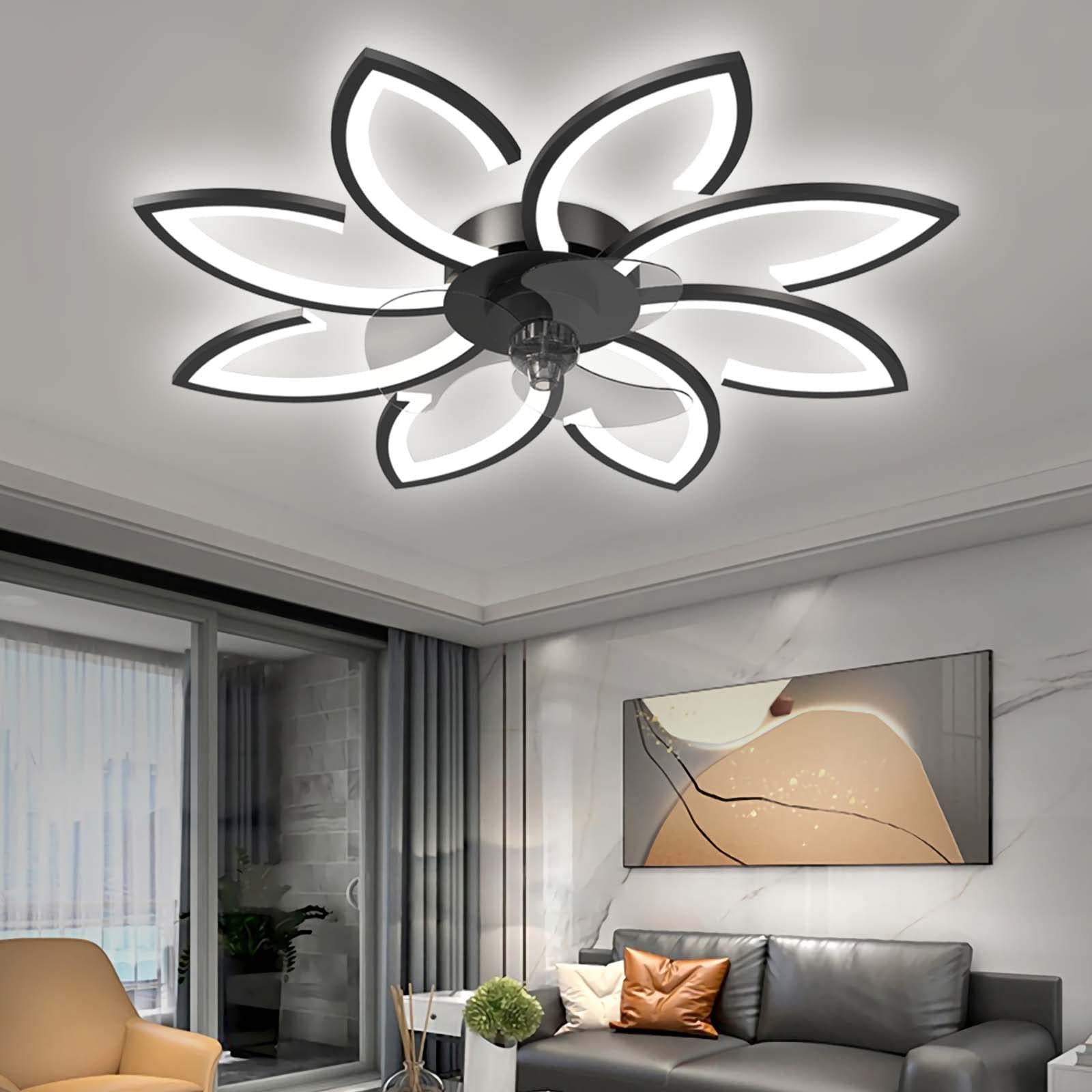 YUNZI LED Deckenventilator mit Beleuchtung und Fernbedienung, 66W Dimmbar Deckenventilatorleuchten, Modern Deckenlampe zum Wohnzimmer Schlafzimmer Sekretariat, Lüfter rückwärts (Schwarz, 90CM)