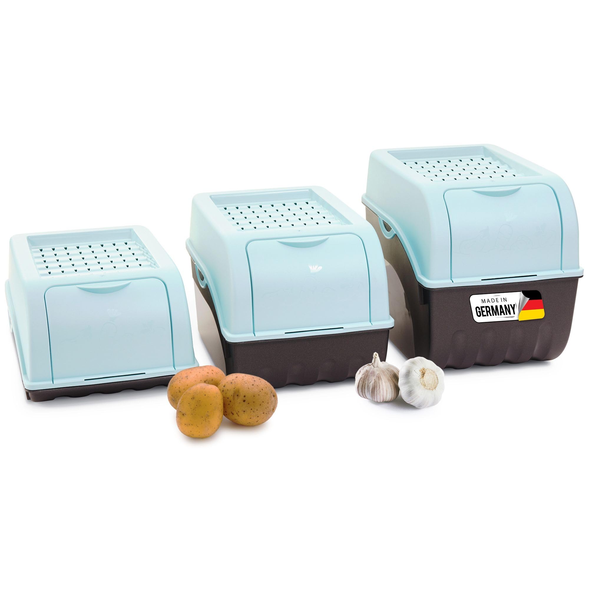 Novaliv Kartoffel Aufbewahrungsboxen Set | 3,5L + 5L + 9L | TÜRKIS | Kartoffelboxen | Gemüseboxen stapelbar Zwiebelboxen Kartoffelkörbe Obstbehälter Kartoffelkisten Frischhaltedosen