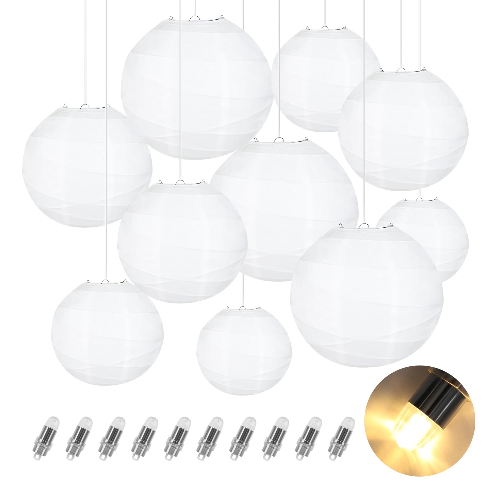 LIHAOPaper Lanterns Decorative With 10pcs Warm LED Lights Hanging Chinese Paper Lantern Waterproof For Wedding Anniversary Birthday Party 6" /8" /10" /12"