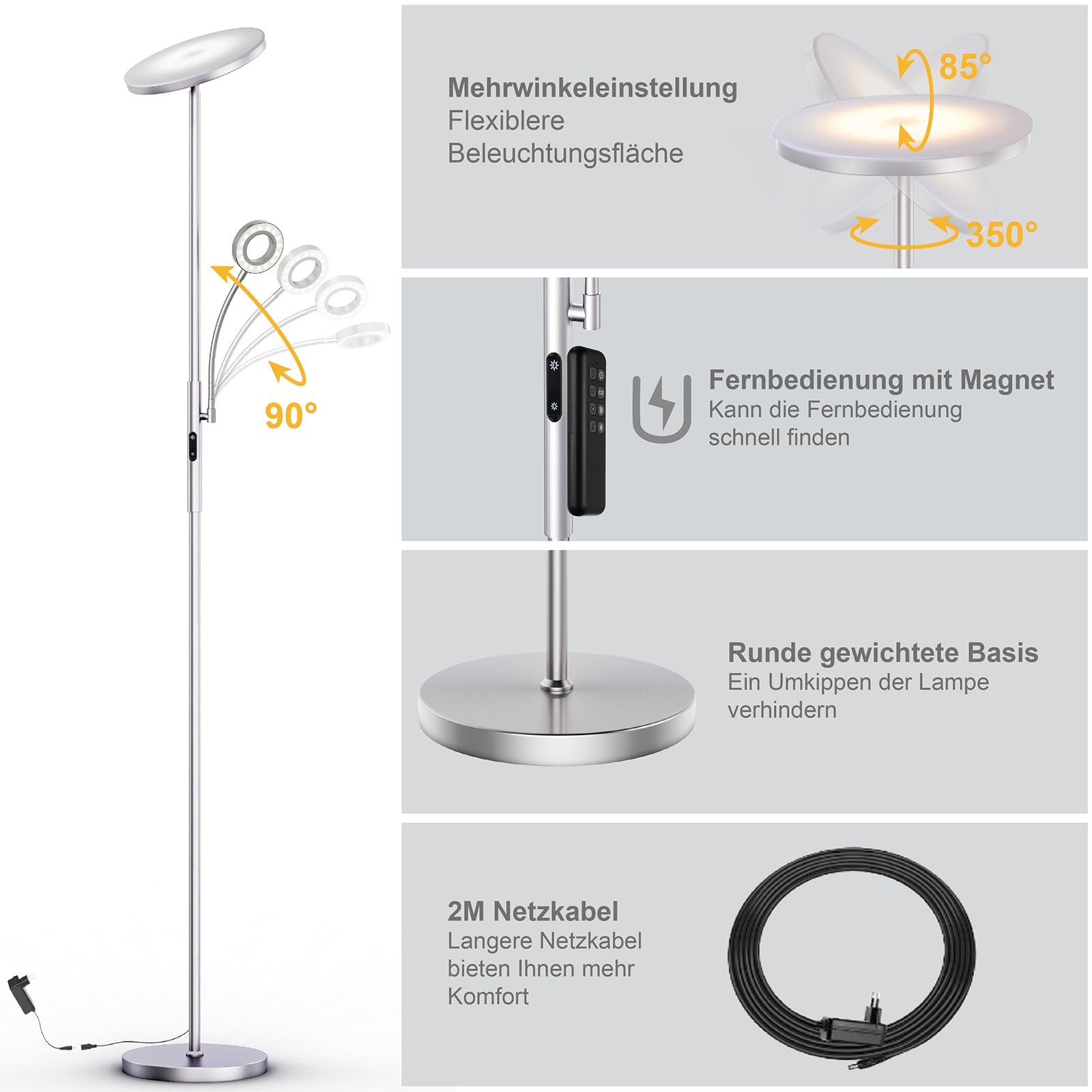 Modlicht 35W Stehlampe LED Dimmbar Silber, 4200LM Deckenfluter LED mit Leselampe, 3000-6000K Stehleuchte Wohnzimmer mit Fernbedienung & Touch-Steuerung, Stehlampe Leselampe für Schlafzimmer Büro