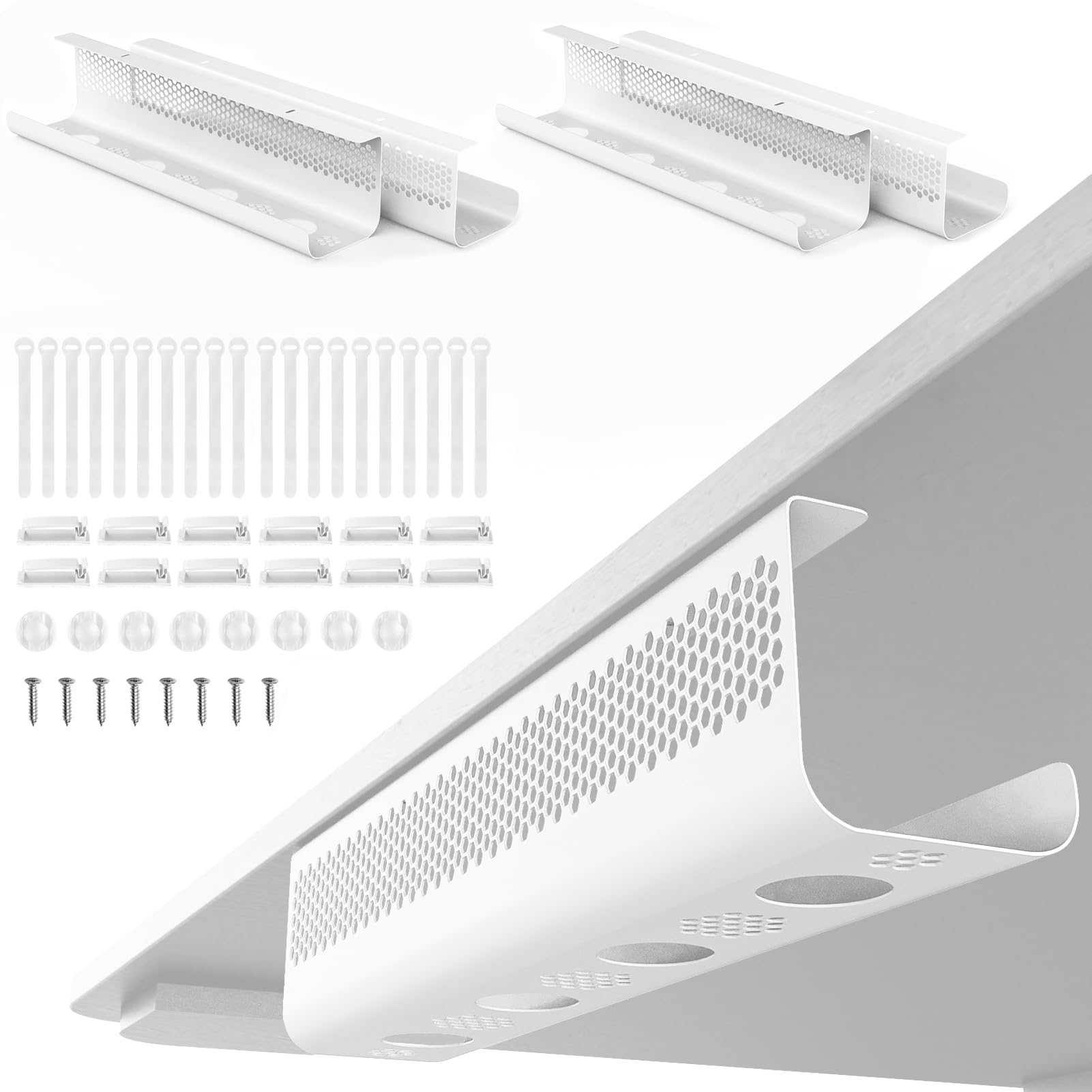 KHAMAL Juego de 52 bandejas de gestión de cables para debajo del escritorio, diseño hexagonal ventilado con clips de cables, bridas de alambre, soporte de cables y tornillos para oficina, hogar, 4