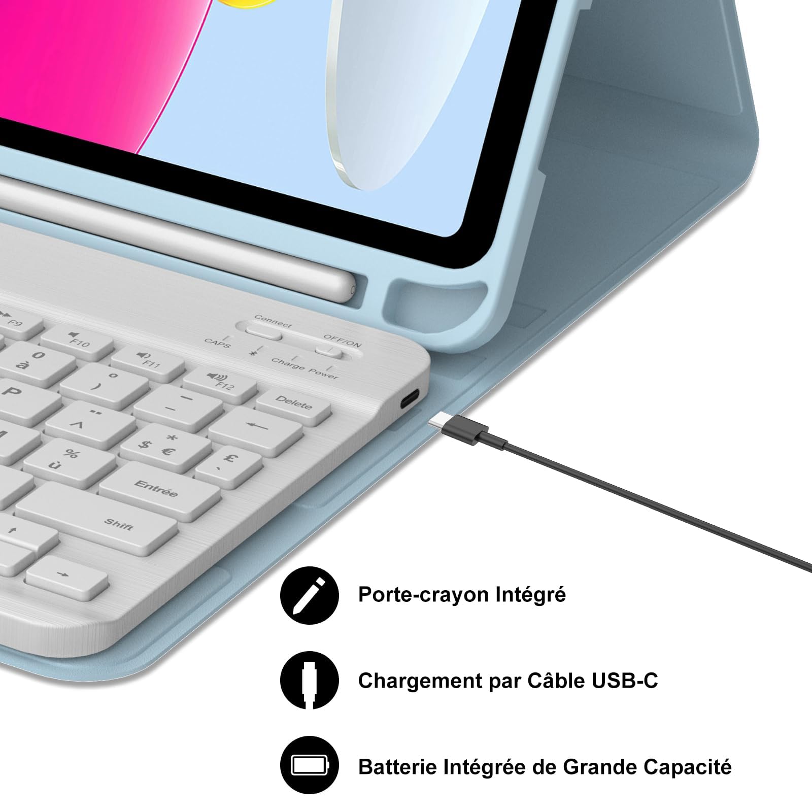Coque Clavier pour iPad A16 11e Génération 2025/10e Génération 2022, AZERTY Français Housse Clavier Bluetooth Magnétique Détachable avec Porte Crayon pour iPad 10/11eme Gén 10.9/11 Pouces, Bleu Ciel