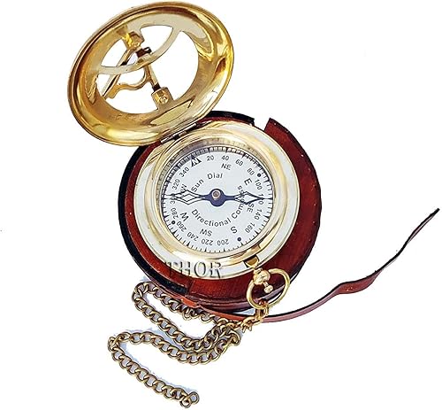 Miniatura 6 de Hermosa brújula de reloj de sol de latón con caja de cuero marrón y cadena | Brújula abierta | Camping | Senderismo Steampunk | Acabado de latón