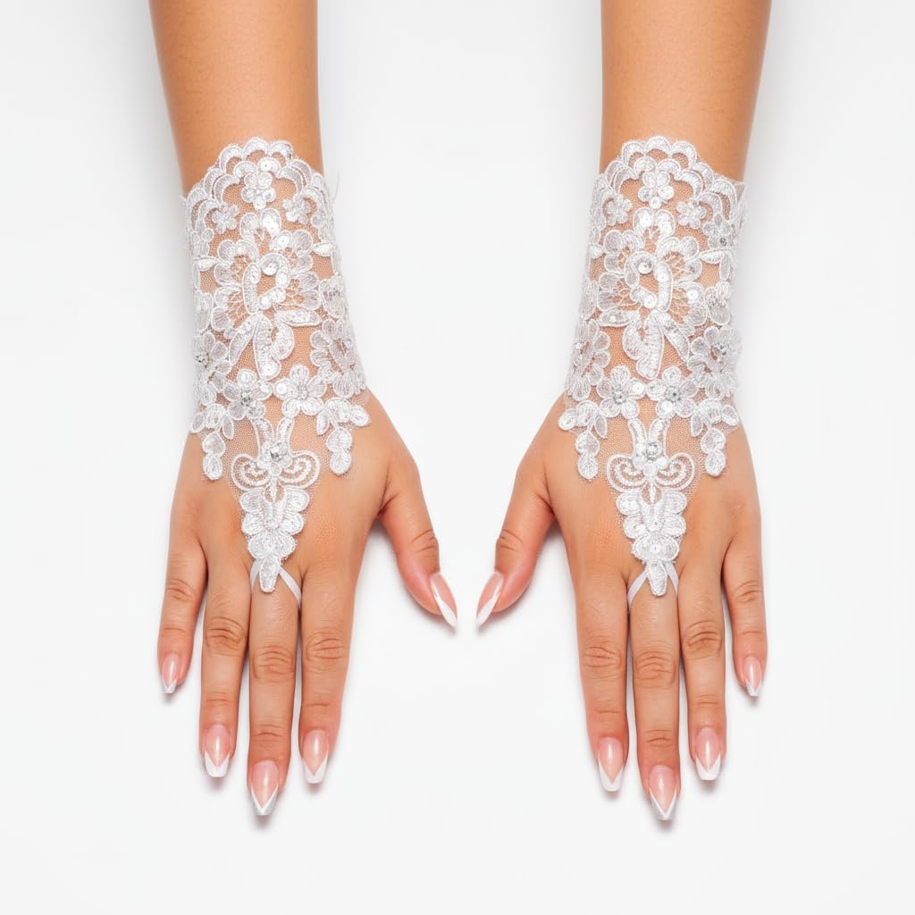 Unsutuo Lace Gloves Wedding Fingerless Sequins Gloves Short Bridal Glove for Women and Brides