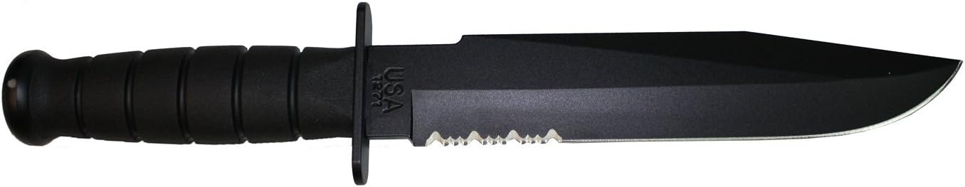 KA-BAR Fighter Fixed Blade Knife 8" Partially Serrated Drop Point 1095 Cro-Van Black Powder Coat Blade Kraton Handle Black