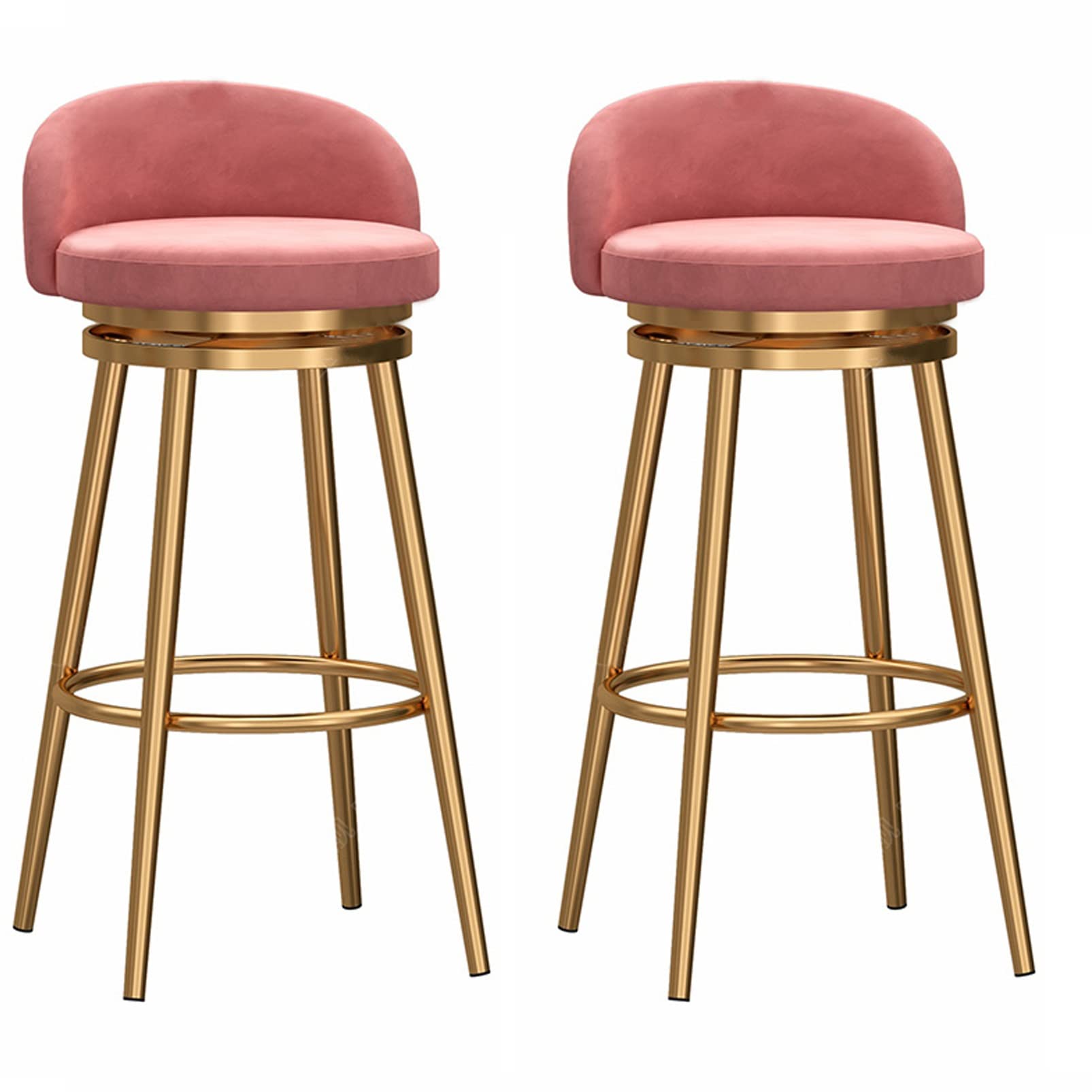 AYCDL 2pcs 360° Swivel Barstools Counter Height Stool Bar Stools, Velvet High Bar Chairs with Backrest and Footrest, Upholstered Stools for Kitchen Island,Gold Pink-75cm